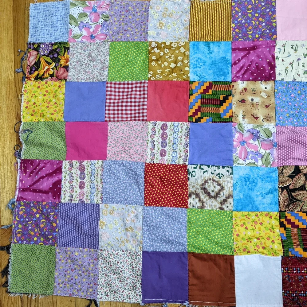 Frayed Denim Quilt made from recycled jeans, upcycled, patchwork, reversible